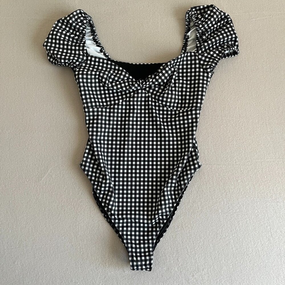 Caroline Constas Checked One-Piece Swimsuit Sleeves High Rise Rouched Front Sz S